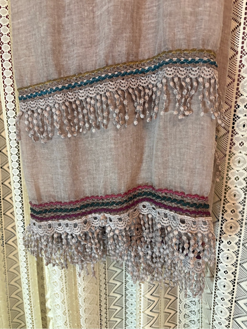 Neutral Tassel-Trim Scarf with Multicolor Stripe Accents